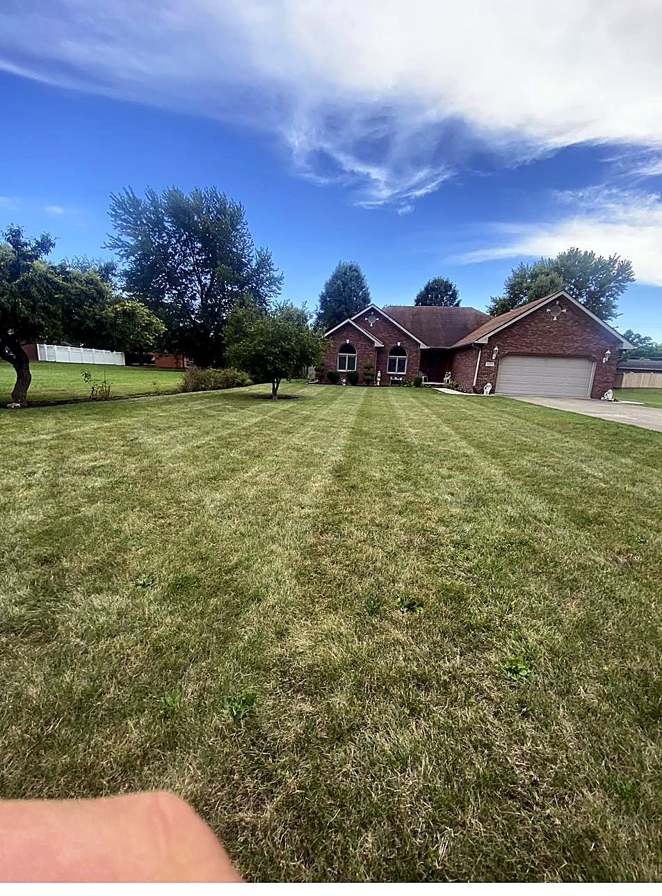 Striped country lawn along a rural road